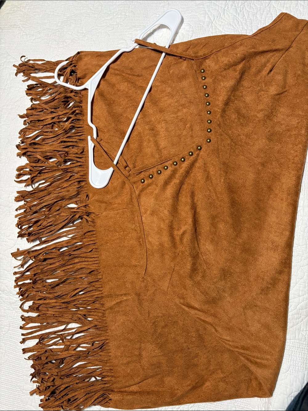 Fringe-Trim Mini Dress in Rust Brown